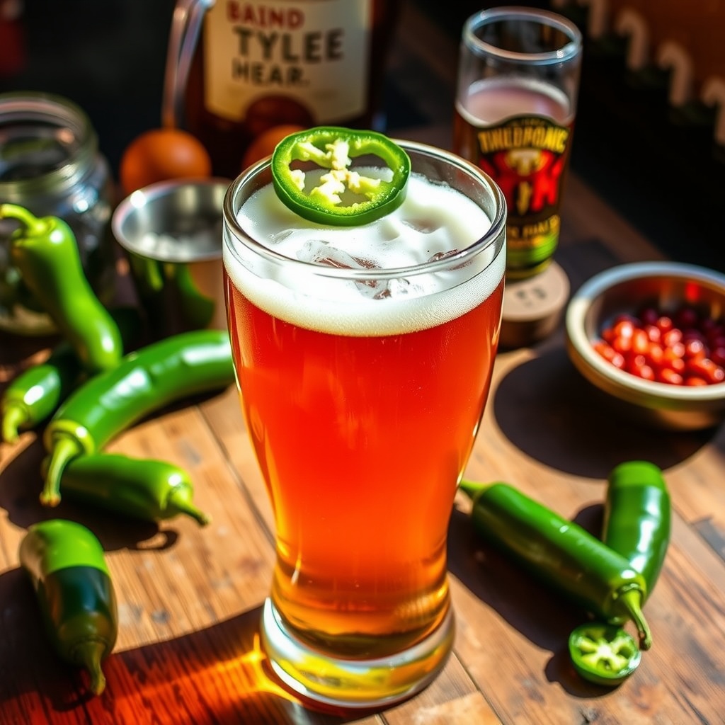 Chilled Spicy Jalapeño Amber Ale in a glass garnished with jalapeño on the rim, set on a wooden table.